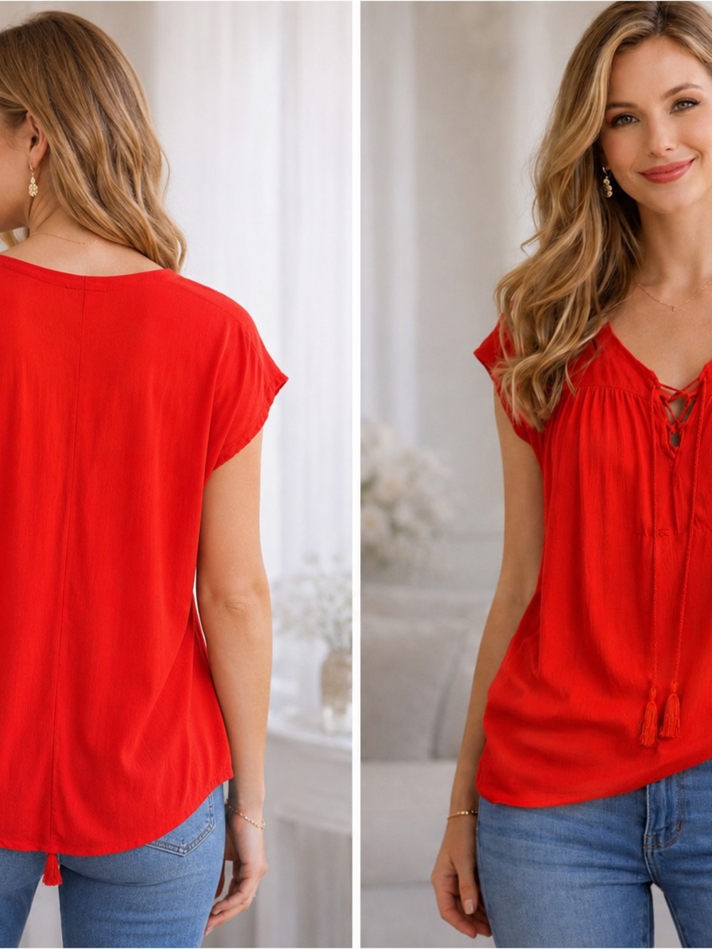 Liz Claiborne Red Tassel V-Neck Cap-Sleeve Blouse